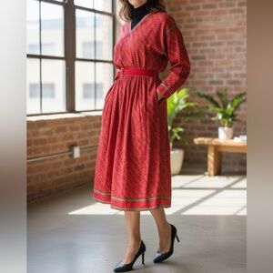 Vintage 70s Jack Mulqueen Red Dress Calico Print Midi Boho Prairie Rainbow Trim